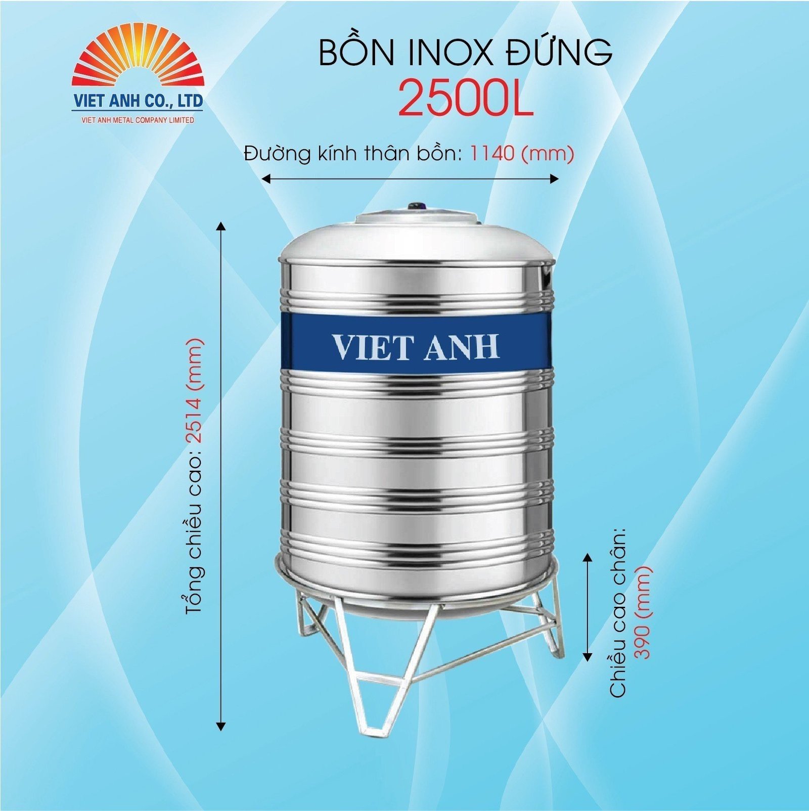 Bồn nước Inox Việt Anh 2500l đứng Φ1140