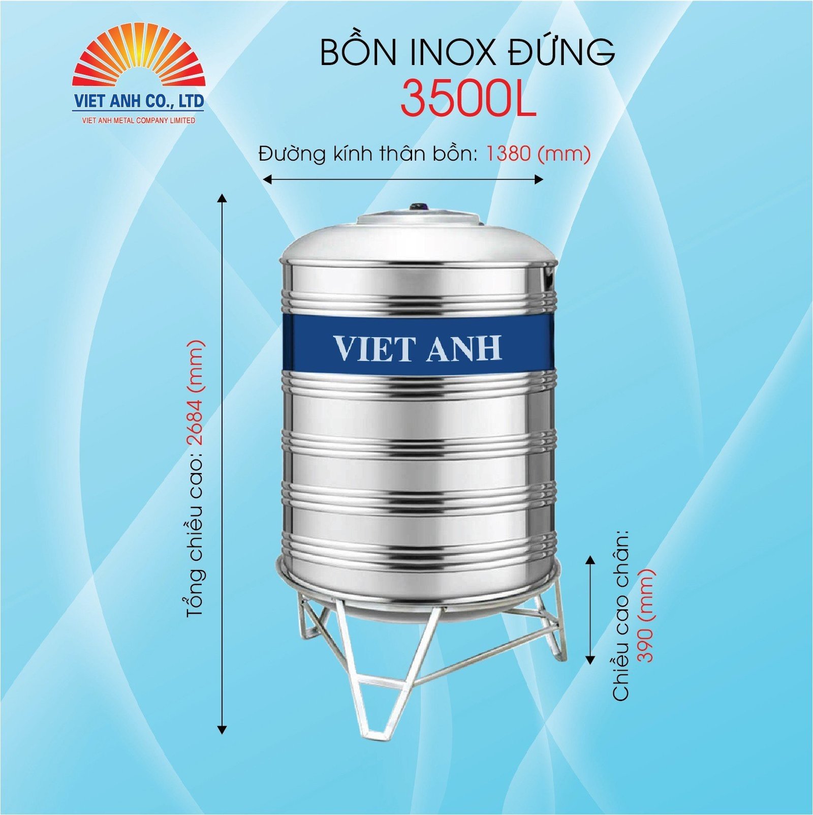 Bồn nước Inox Việt Anh 3500l đứng Φ1380
