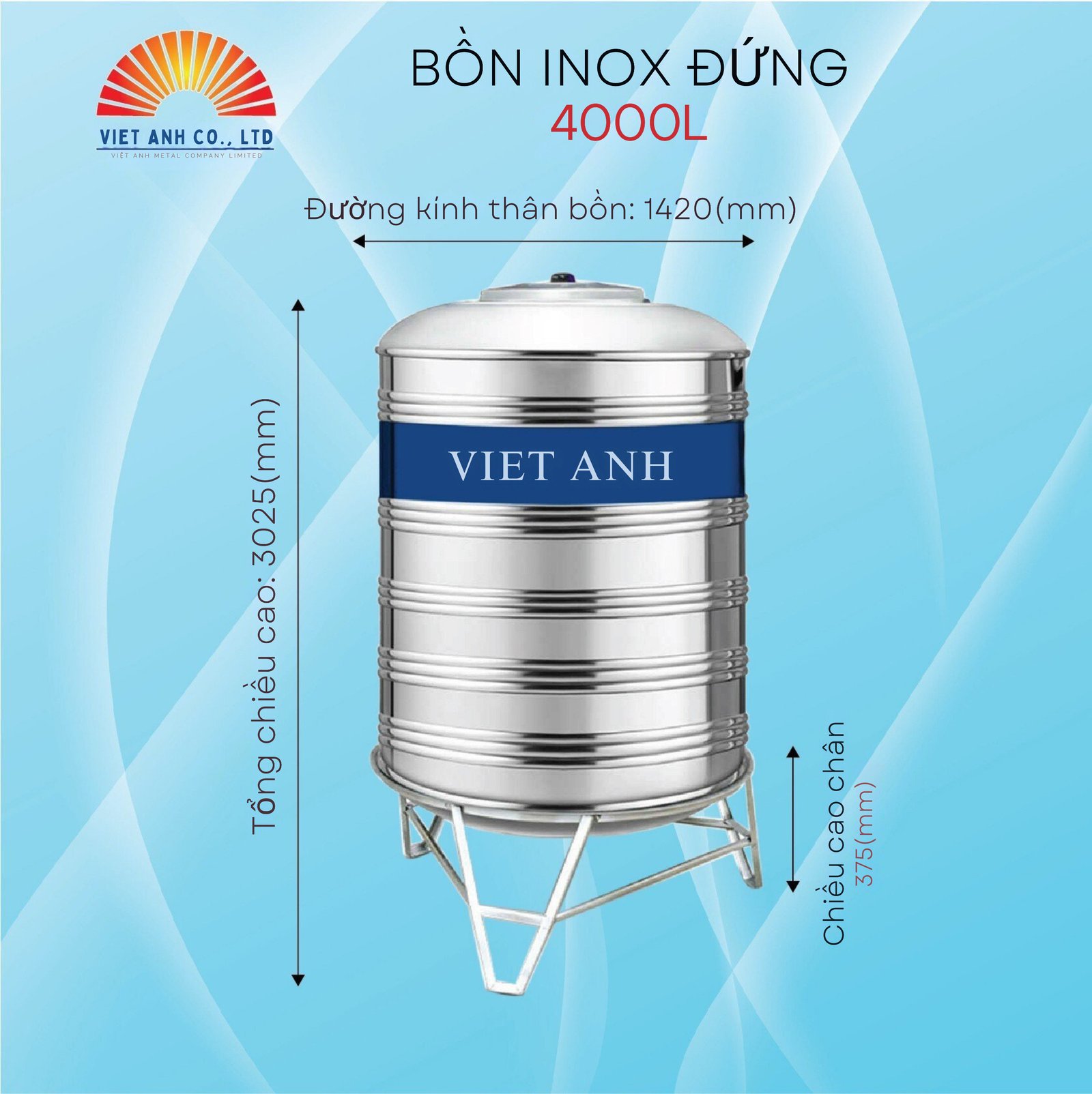 Bồn nước Inox Việt Anh 4000l đứng Φ1420