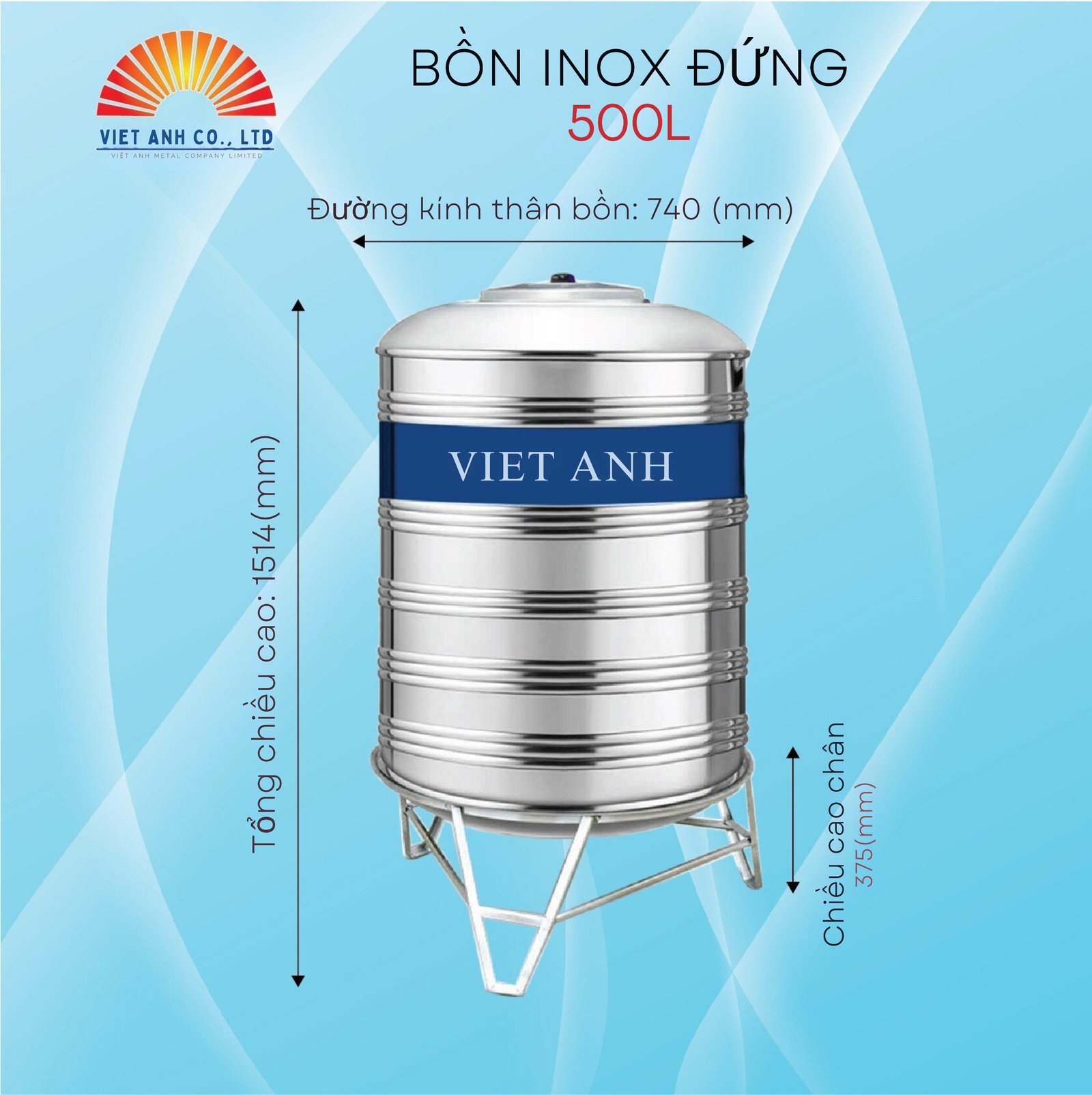 Bồn nước Inox Việt Anh 500l đứng Φ740