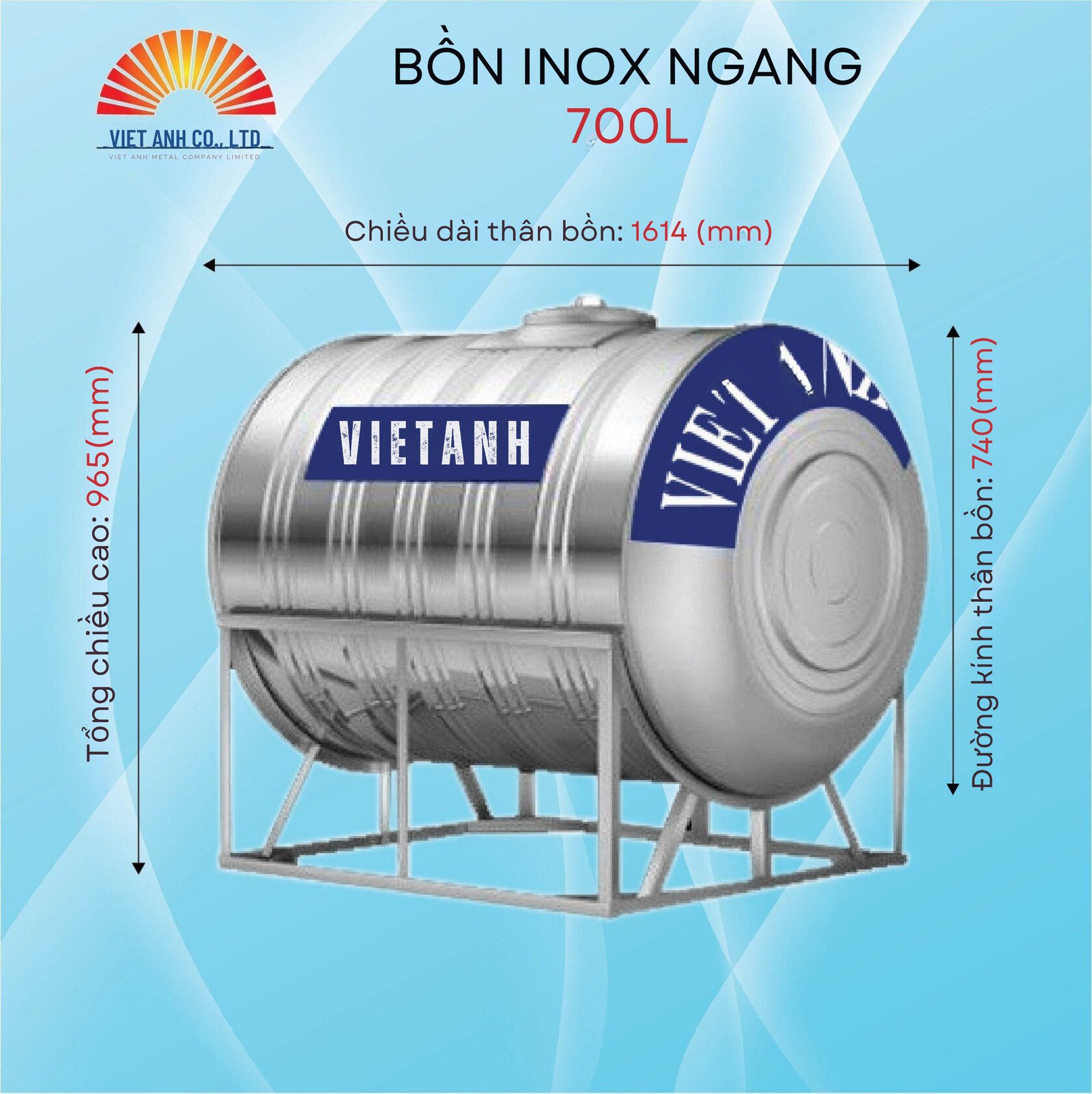 Bồn nước Inox Việt Anh 700l ngang Φ740