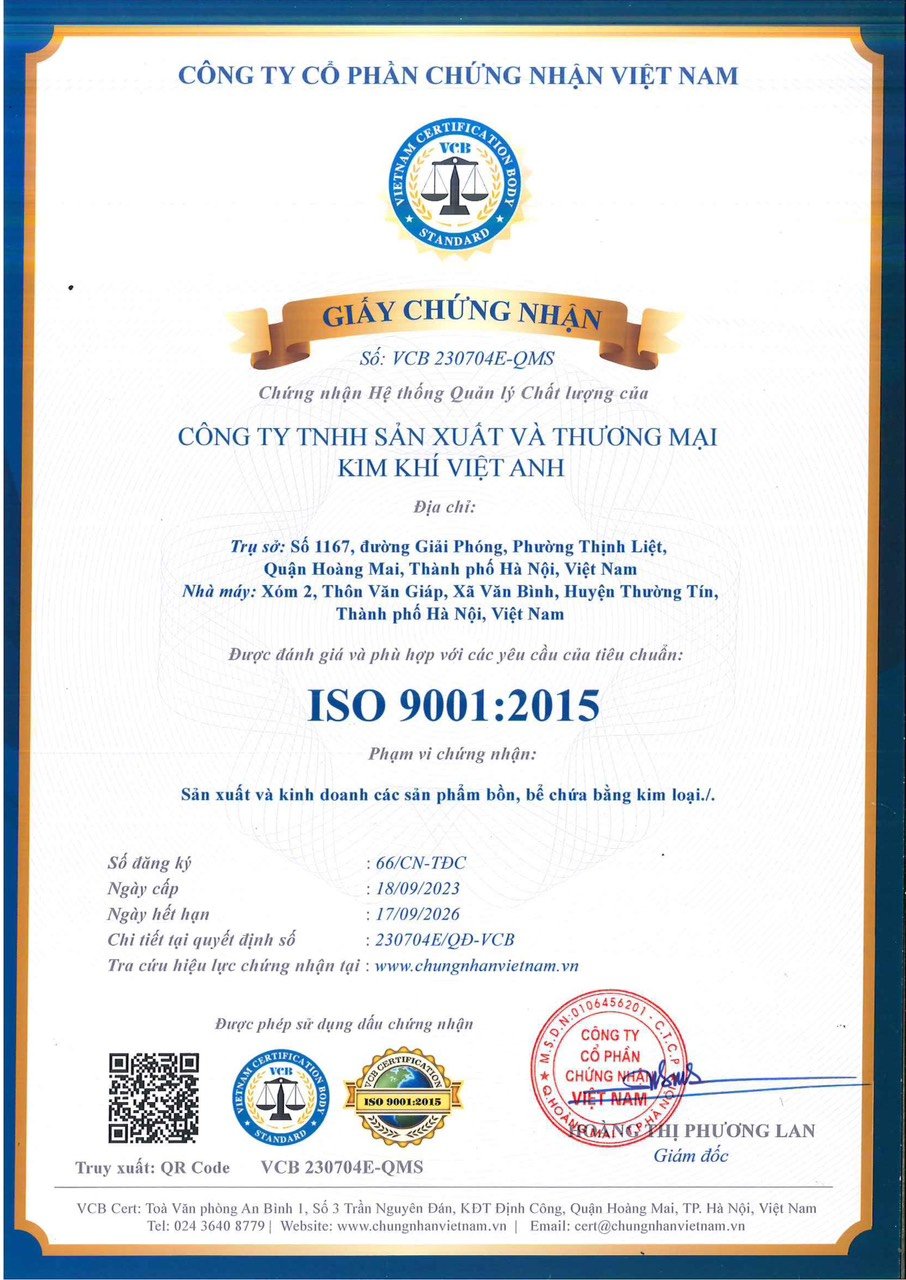 Kim khí Việt Anh ISO 9001-2015