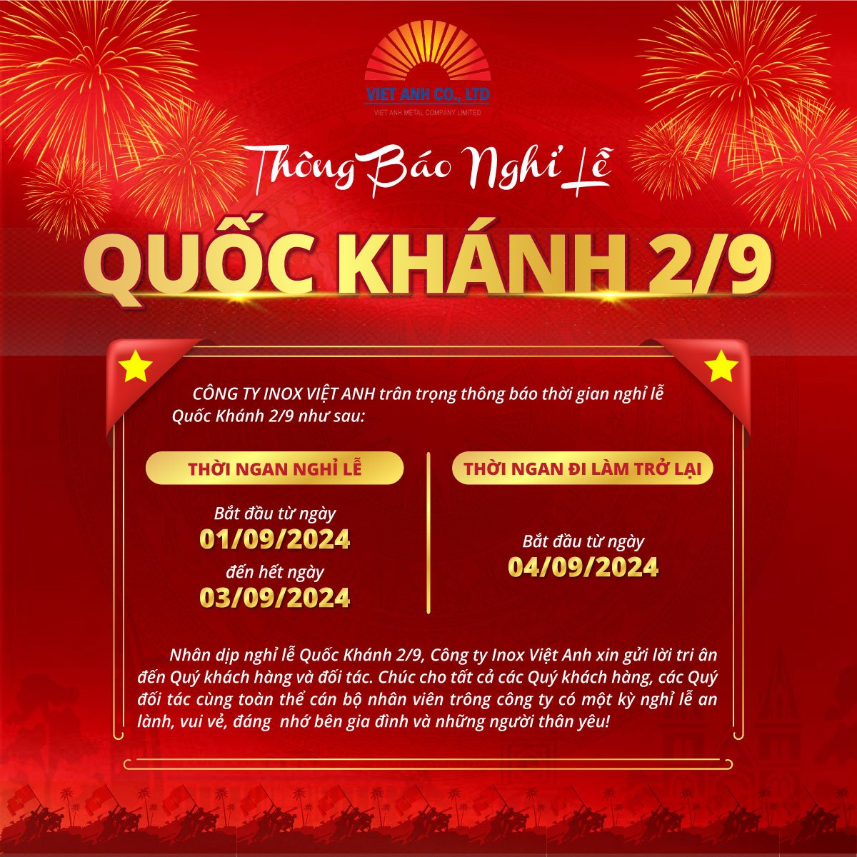Thông báo lịch nghỉ Quốc Khành 2-9