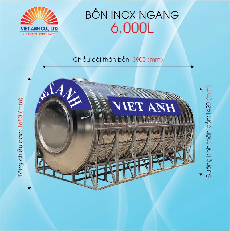 Bồn nước Inox ngang dung tích 6000l-Φ1420mm- Việt Anh