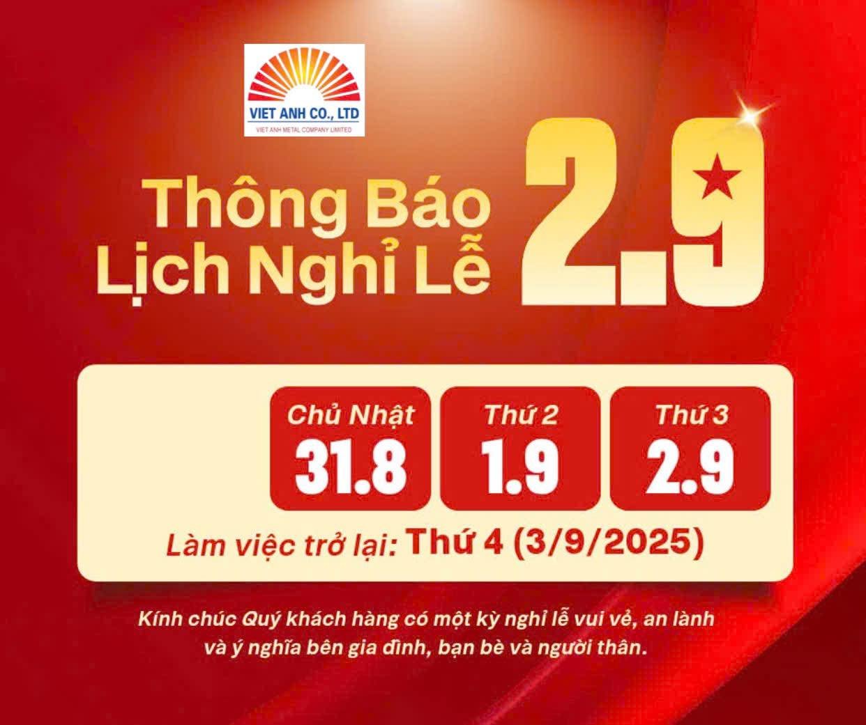 Bồn bể inox Việt Anh thông báo lịch nghỉ lễ Quốc Khánh 2-9