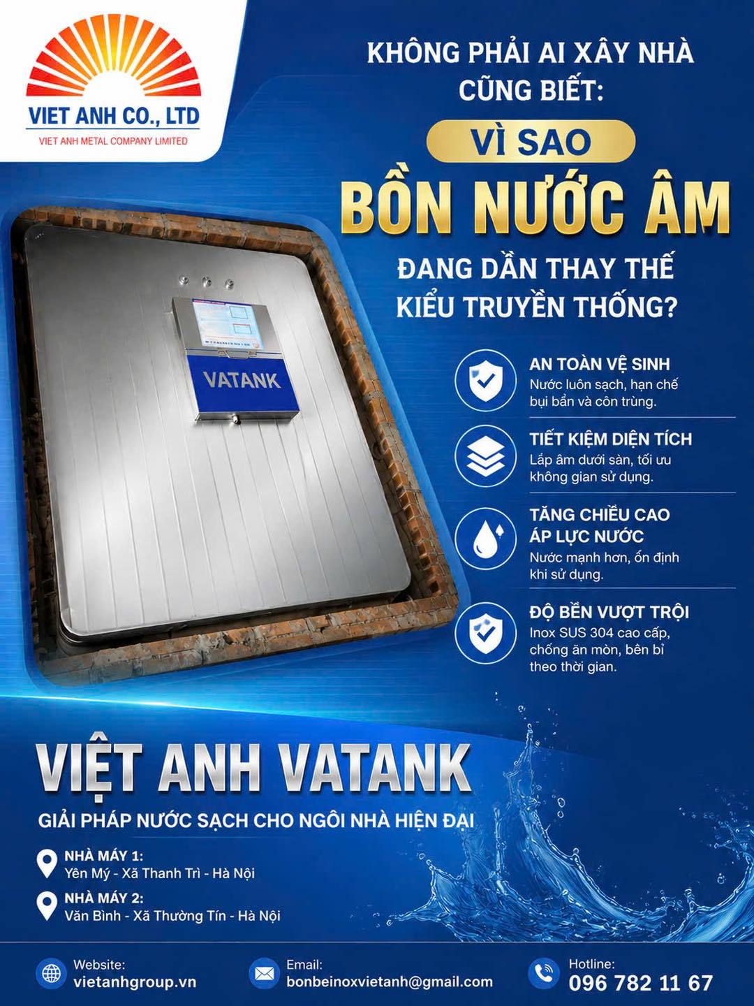 Bồn nước âm inox Việt Anh VATANK giải pháp nước sạch cho nhà hiện đại